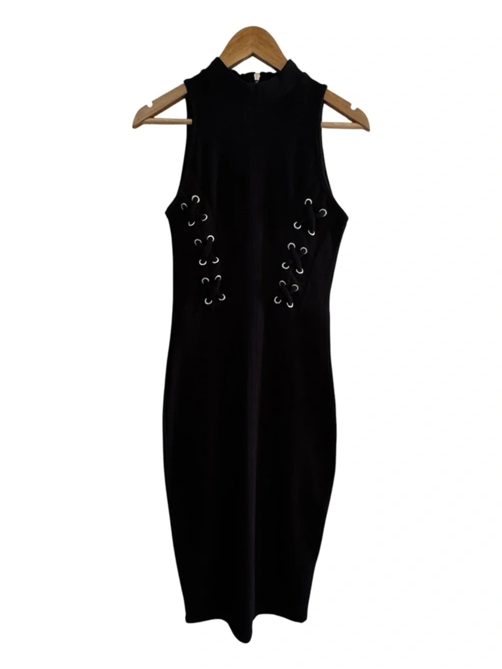 Black Ribbed Lace Up Bodycon Dress Edgy Minimal Night Out